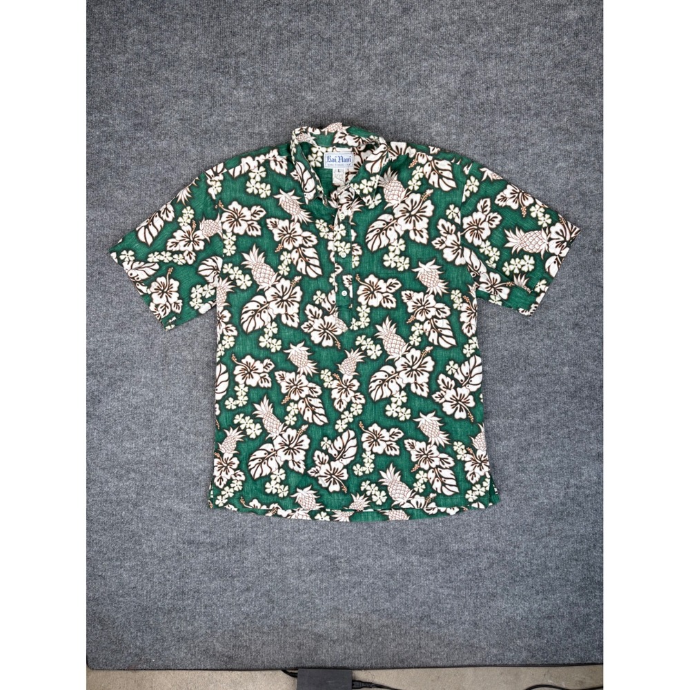 Kai Nani Hawaiian Shirt Mens Large Green Pineapple Hibiscus Tropical Pullover